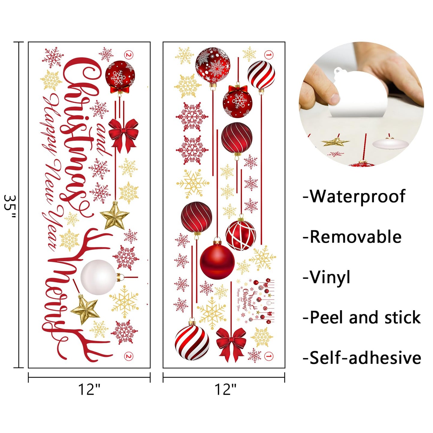 Mfault Merry Christmas and Happy New Year Wall Decals Stickers, Red Gold Xmas Balls Snowflake Decorations Bedroom Art, Winter Holiday Star Bow Antler Home Kitchen Decor