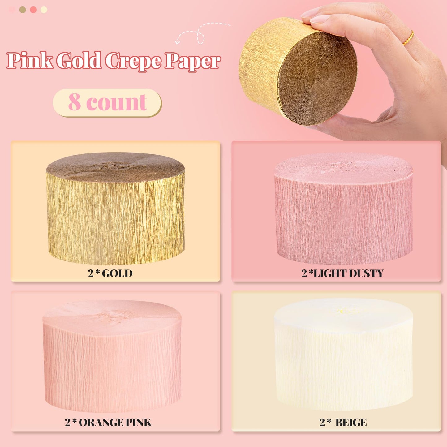 Riqiaqia Streamers Party Decorations,8 Rolls Pink Gold Crepe Paper Streamers for Wedding, Birthday, Bachelorette, Bridal Showerand Baby Shower Girl