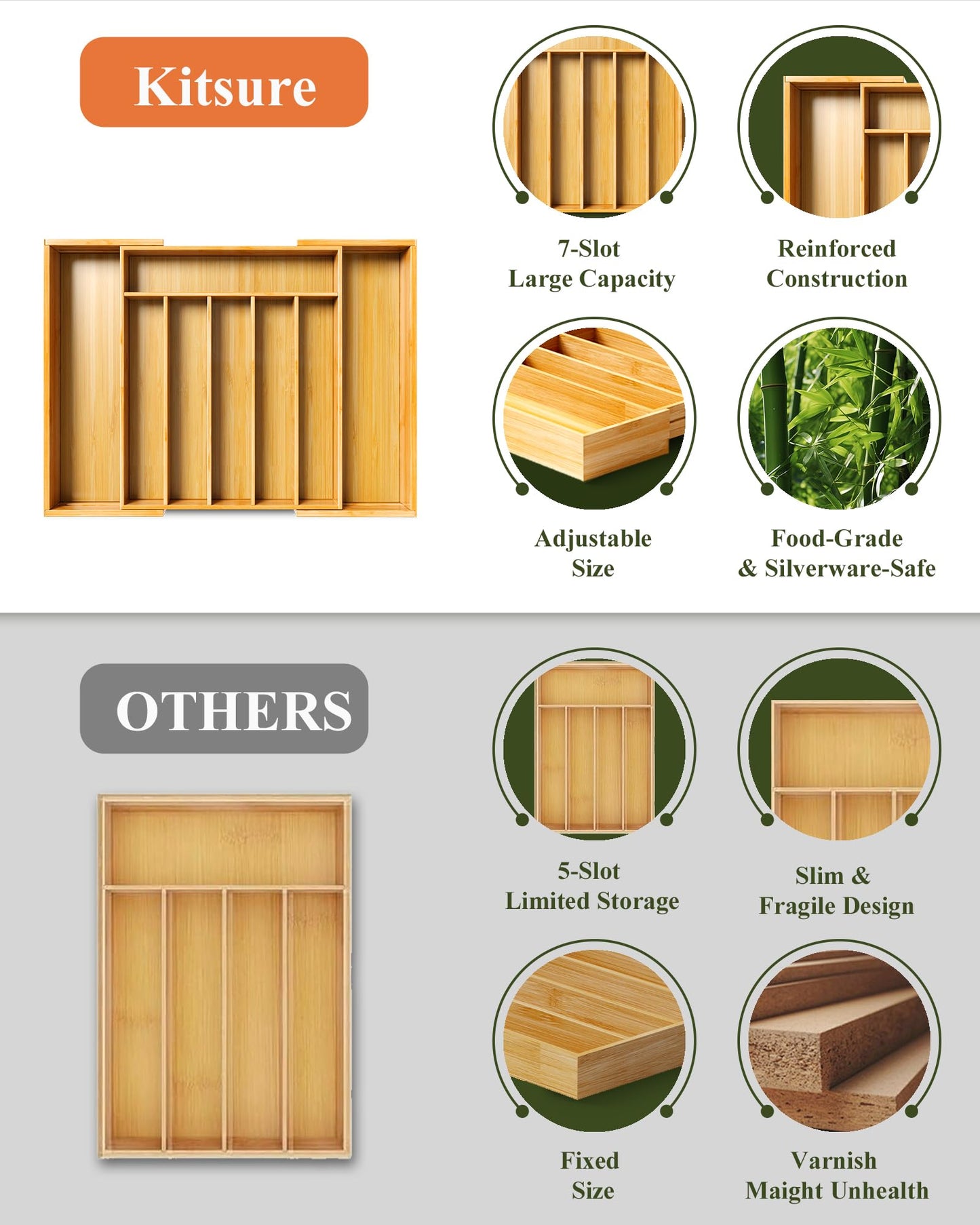 Kitsure Large Bamboo Silverware Organizer - Expandable Drawer Organizer for Utensil, Cutlery and Flatware, Kitchen Storage Solution with 6 to 8 Slots, Natural, 19.4" × 13.1" × 1.8"