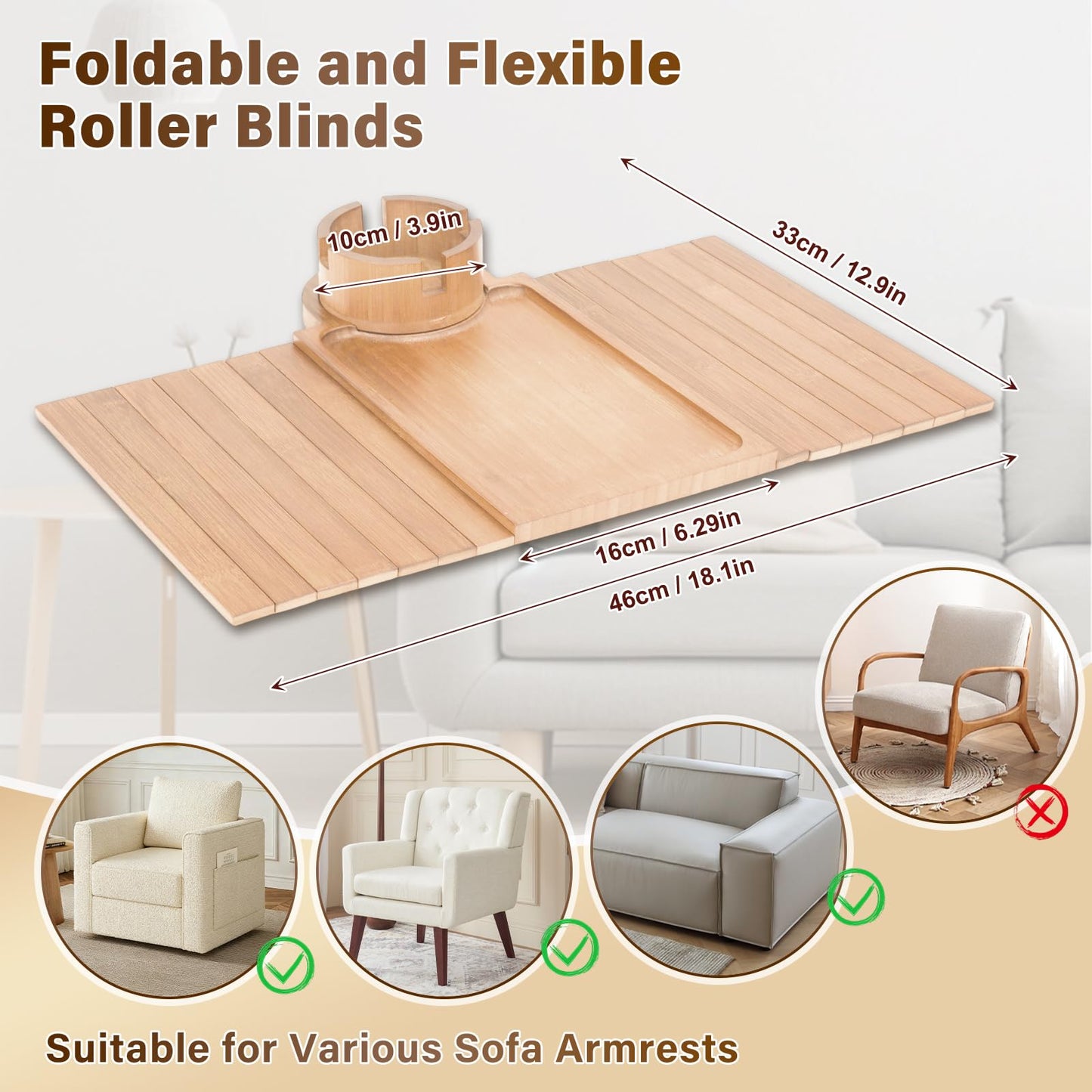 Couch Cup Holder Tray, 3-in-1 Bamboo Couch Armrest Table with 360° Rotating Magnetic and Detachable Phone Holder Stand, Foldable Anti-Slip Sofa Arm Tray for Remote, Phone, Snacks and Drinks