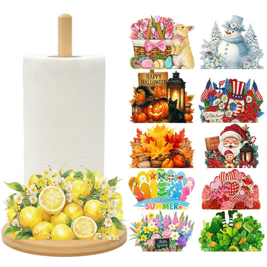 Bamboo Paper Towel Holder with 11 Set Interchangeable Holiday Signs, Rustic Kitchen Decor | Seasonal Countertop Stand for Christmas,Spring,Summer,Fall,Winter,Valentine's Day,Easter,Halloween,