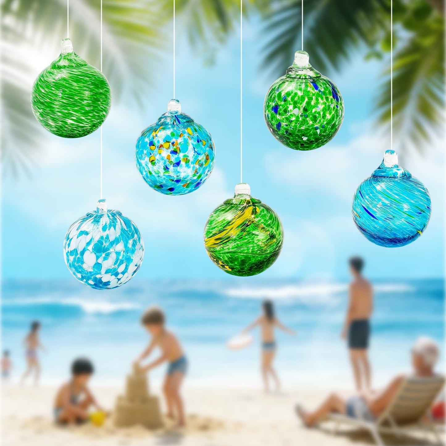 JarThenaAMCS 6Pcs Hand Blown Glass Ball Ornaments 2.4 Inch Blue Green Hanging Friendship Witch Balls for Home Party Garden Wall Window Decor