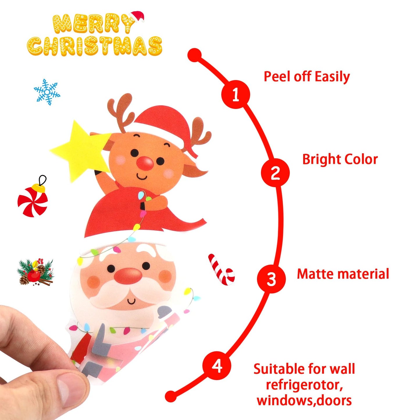 Christmas Wall Decals 124 Pieces Merry Christmas Wall Stickers Santa Snowman Winter Snowflakes Xmas Candy Stickers for Wall Window Door Bedroom Garage Home Office Decor