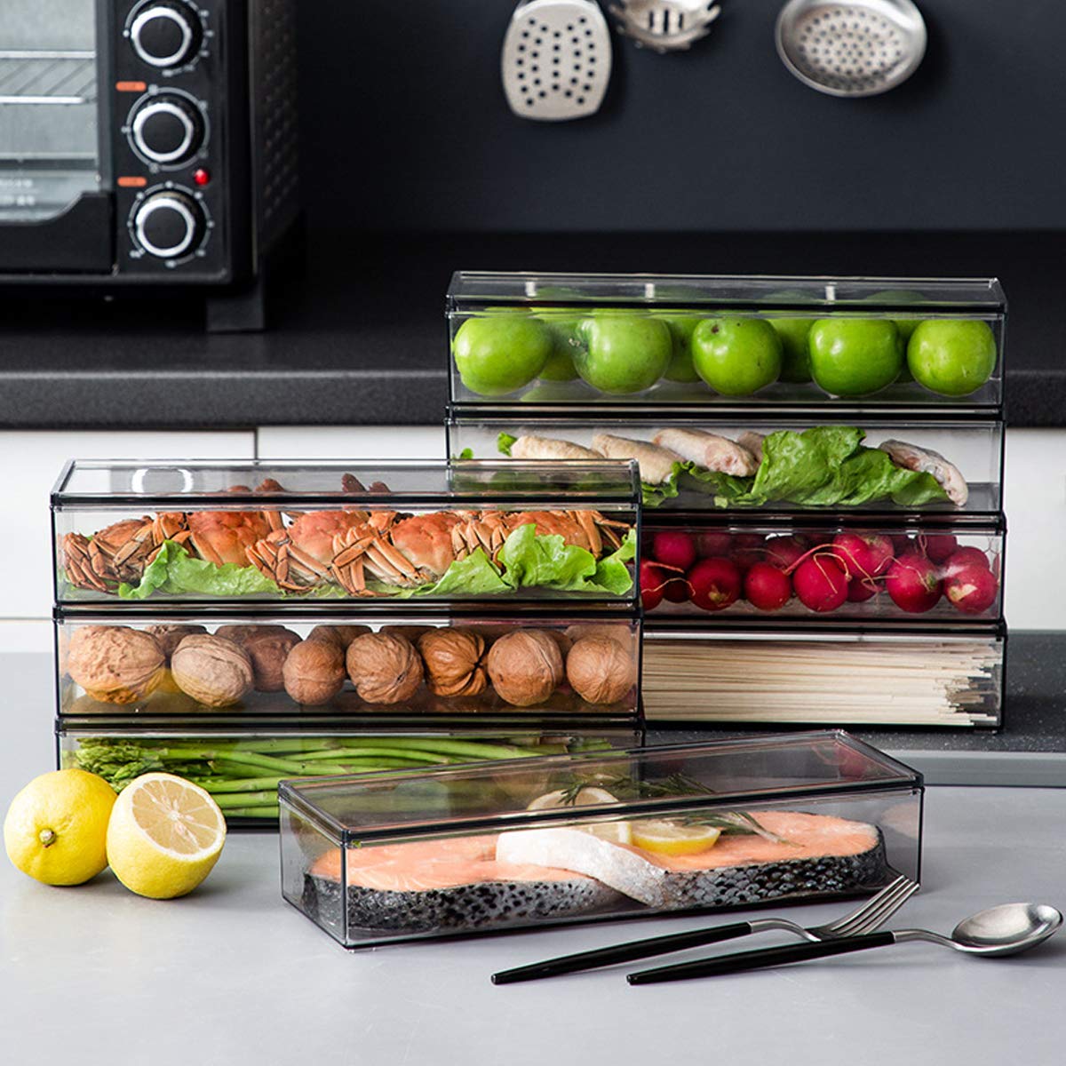 AIYoo Transparent Flatware Tray Kitchen Drawer Organizer With Lid - Plastic Kitchen Cutlery Tray and Utensil Silverware Storage Container with Cover - Dinnerware Holder for Spoons Forks Knives