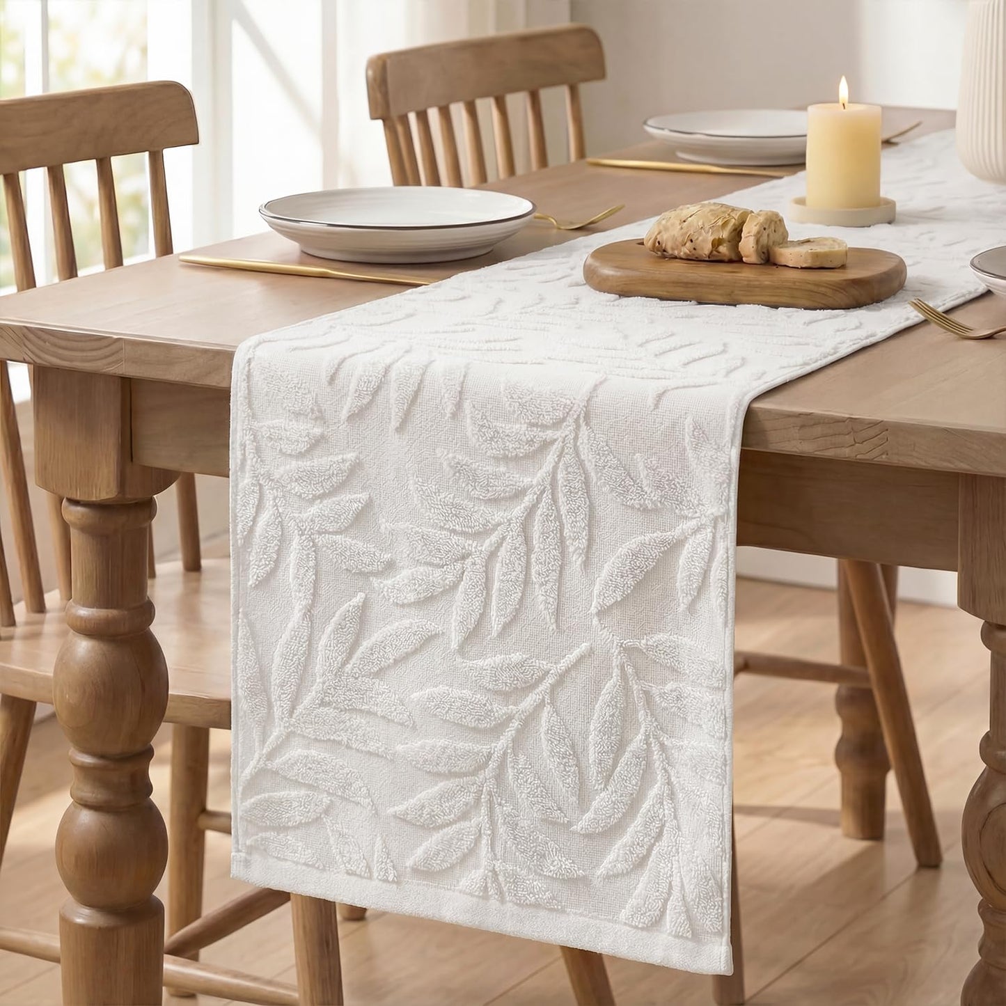 Artoid Mode White Soft Cotton Jacquard Leaves Spring Table Runner, Holiday Kitchen Dining Table Decoration for Home Party Decor 13x72 Inch