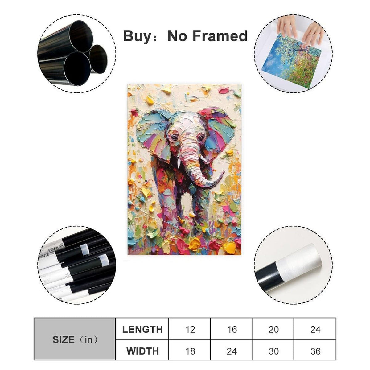Fyzuf Elephant Wall Art - Oil Painting on Canvas, Cubism Style, Colorful Elephant Aesthetic, 12x18inch (30x45cm) Unframed