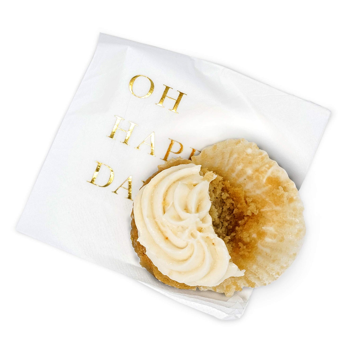 Oh Happy Day Cocktail Napkins - Gold Foil 3-Ply Disposable Napkins for Weddings, Engagements, Bridal Showers, Baby Showers, Birthdays, Anniversaries & Happy Celebrations