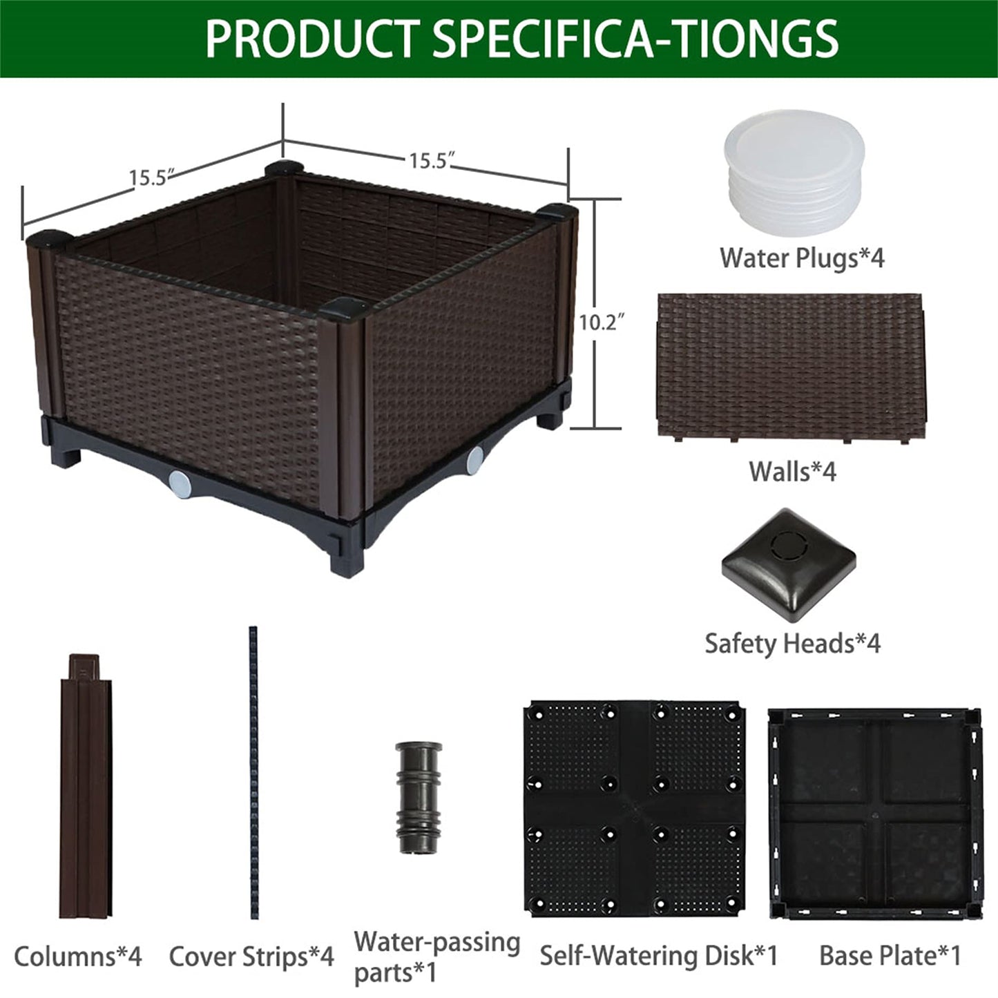 elfinrm Square Raised Garden Bed, Garden Free Splicing Planting Box Outdoor Indoor Planting Container Stylish Rattan Pattern Set of 1, Brown