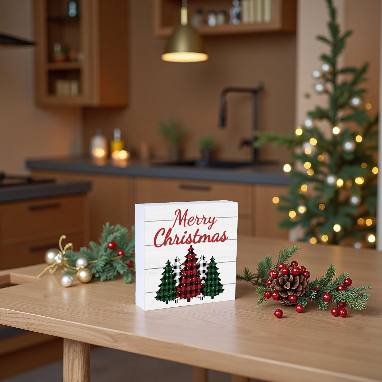Christmas Decorations Indoor Christmas Decor Table Home Room Buffalo Plaid Tree Office Bathroom Wood Box Sign Rustic Wooden Shelf Desk Decor Season Sign House Warming Gifts 5.9 x 5.9 Inch