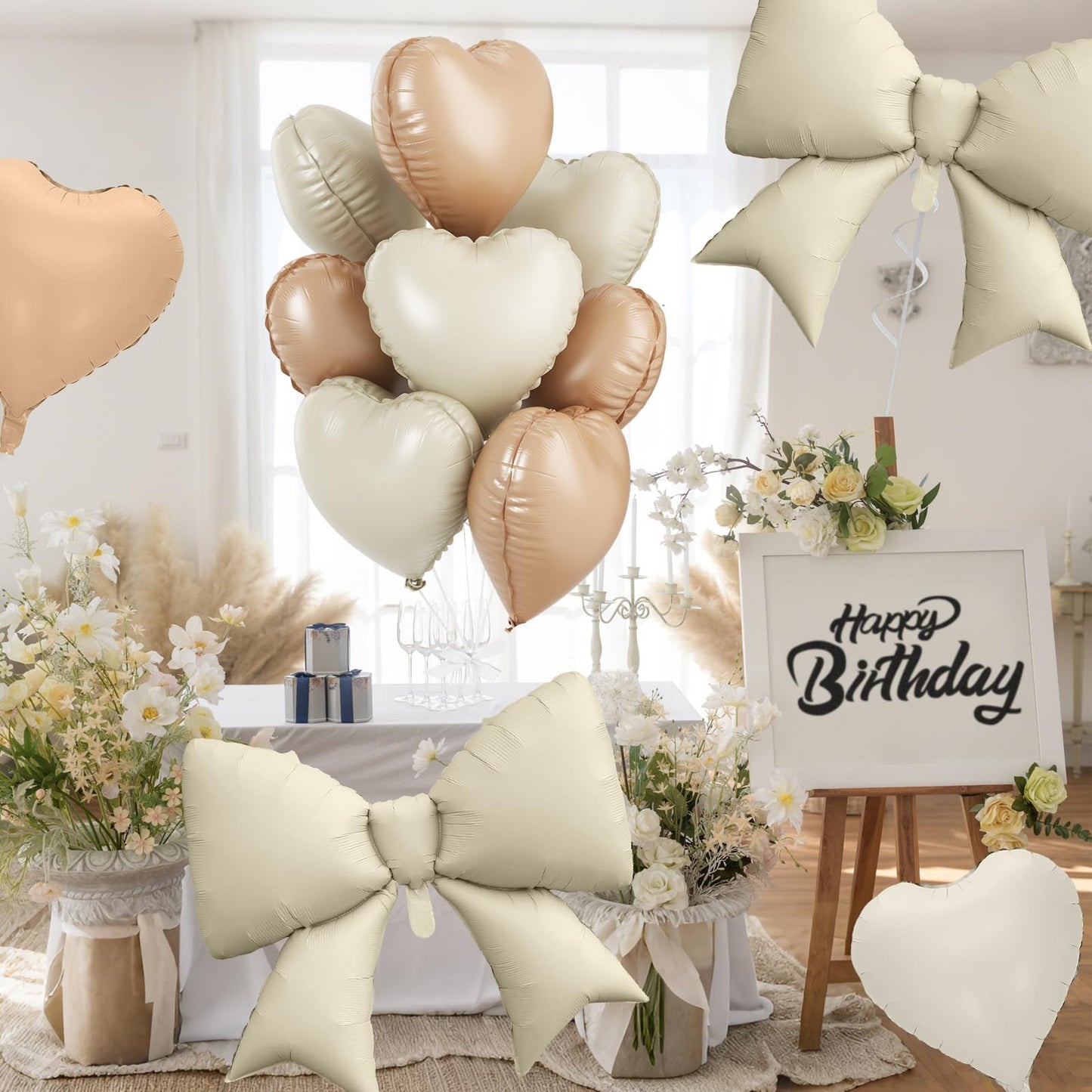 Cream Heart Balloons, Bow Party Decorations with 10Pcs 18 Inch Beige Heart Shaped Balloon, 38 Inch Helium Cream Bow Balloon for Birthday Valentines Engagement Baby Shower Bridal Wedding Party Decor