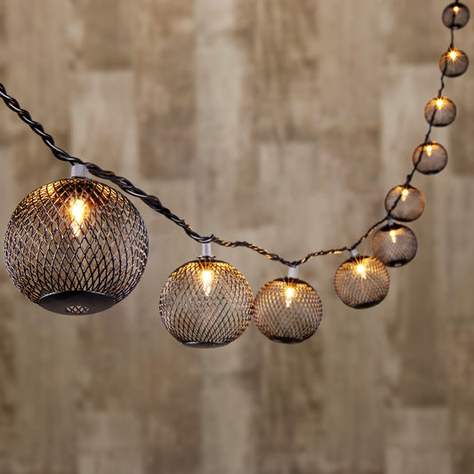 ALL FORTUNE Decorative Lantern String Lights Plug in with 10 Black Metal Ball, Connectable Waterproof Outdoor Decorative String Lights Indoor for Bedroom Patio Pergola Decor