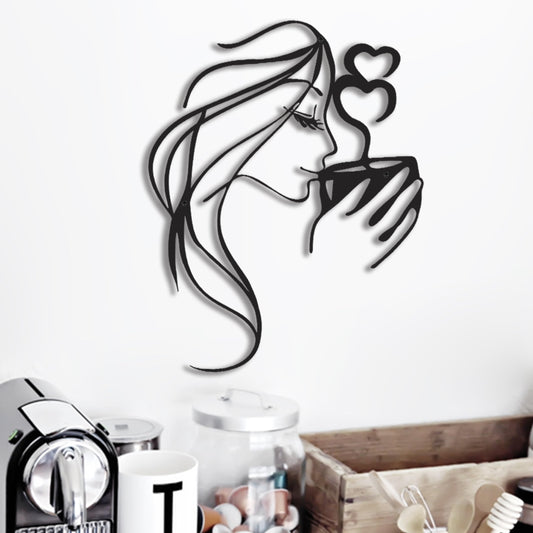 LIYAOLI 3D Black Metal Coffee Wall Art Bar Sign Decor,Kitchen Line Art Wall Decor,Woman Drinking Coffee Wall Sculptures,Unique Modern Wall Art for Living Room,Bedroom