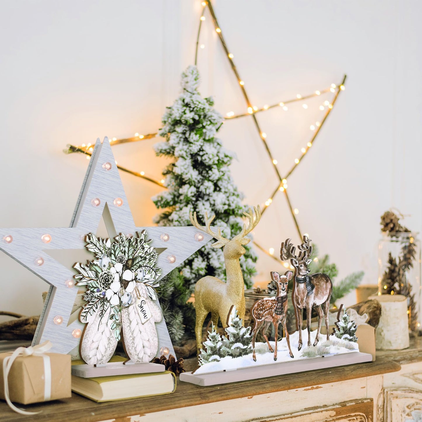 Huwena 5 Pcs Christmas Table Decorations Wooden Christmas Table Centerpieces Joy Sign Snowman Reindeer Gloves Signs for Winter Holiday Snow Xmas Dinner Coffee Tier Tray Decor(Reindeer,White)