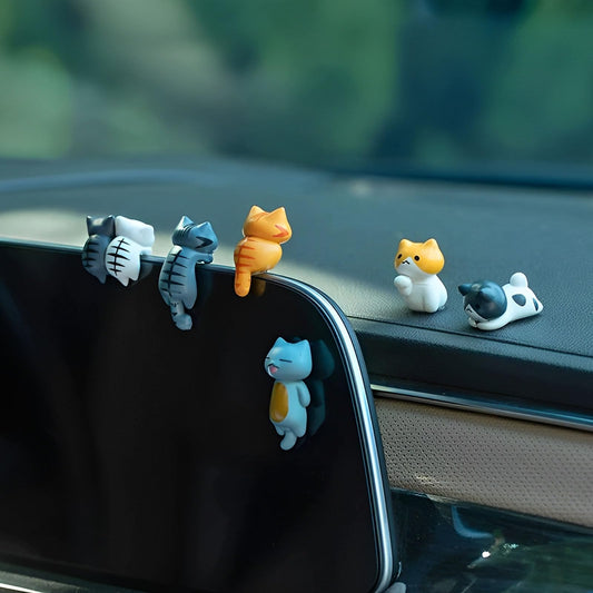 Twpribarn 6 Pcs Cute Cat Car Accessories Funny Resin Cat Figurines Dashboard Decorations & Rear View Mirror Cute Pussy Figure Decorative Car Ornament Interior Decors for Car Home Garden Decor