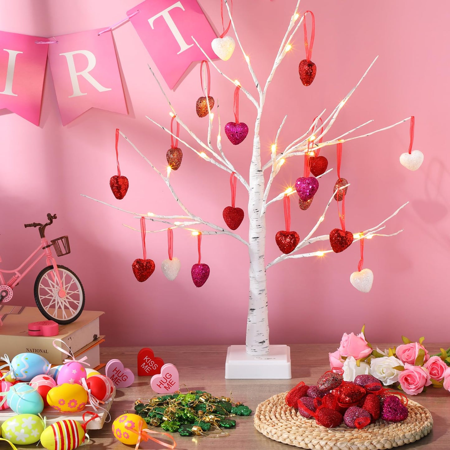 Jutom 54 Pcs Valentines Day Tree Decorations Heart Hanging Ornaments St. Patrick's Day Shamrock Easter Egg Tree Ornaments Heart Shaped Clover Baubles for Holiday Party (Classic Style)