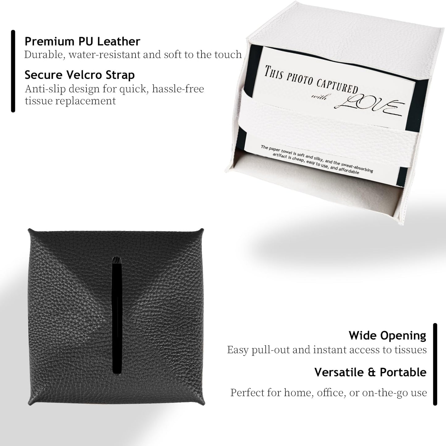 LIVESO Tissue Box Cover, 2 Pack Black & White Square PU Leather Tissue Box Holder Decrative Tissue Cube Organizer for Tabletop, Bathroom, Car, Office