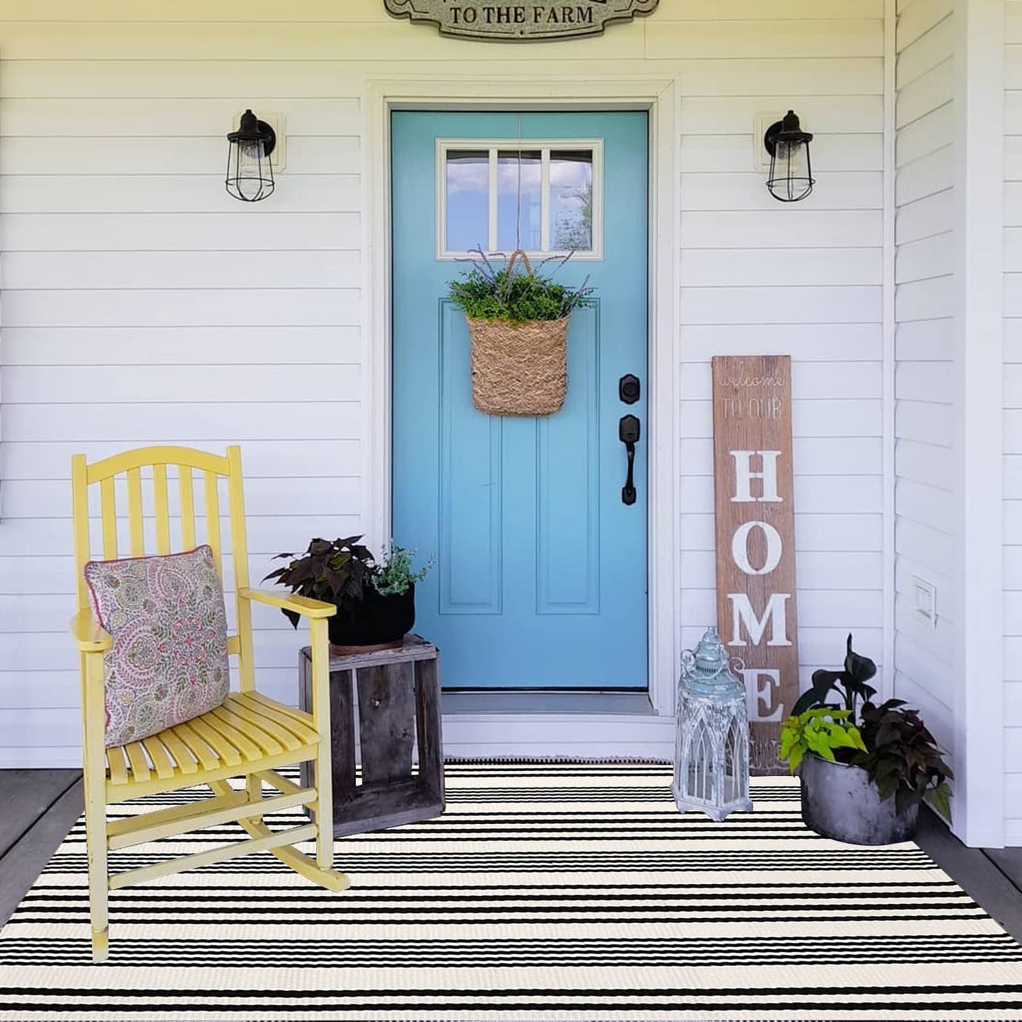 BUAGETUP Black and White Outdoor Rug 3'x 5' Cotton Woven Washable Rug Striped Front Porch Rug Area Rug Floor Mat for Farmhouse/Layered Door Mats/Living Room
