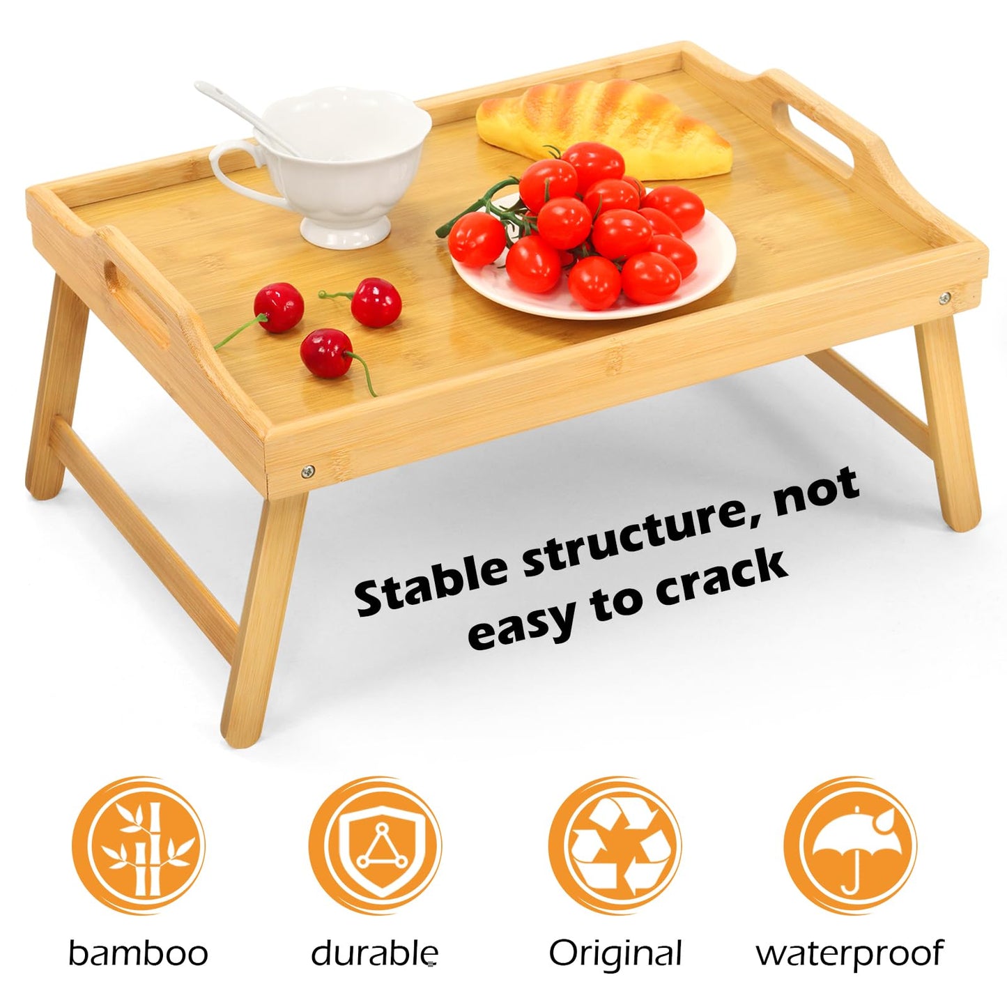 Bamboo Bed Tray Table, Folding Legs and Handles, Breakfast Tray, Laptop Desk for Bed or Sofa, Serving Tray for Eating, Working, Reading,Picnic