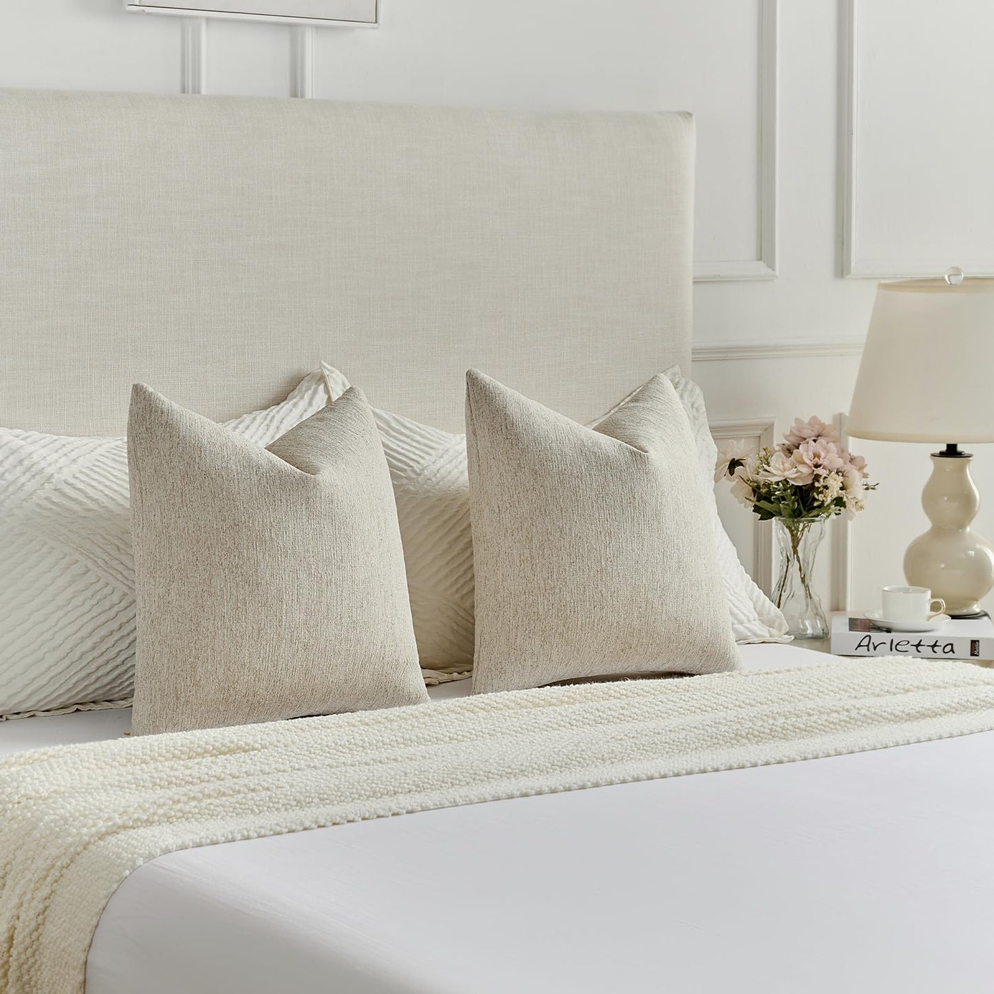 FUTEI Natural Linen Chenille Decorative Throw Pillow Covers 18x18 Inch Set of 2,Soft Cozy Faux Linen Textured Cushion Case,Farmhouse Home Decor for Couch Living Room