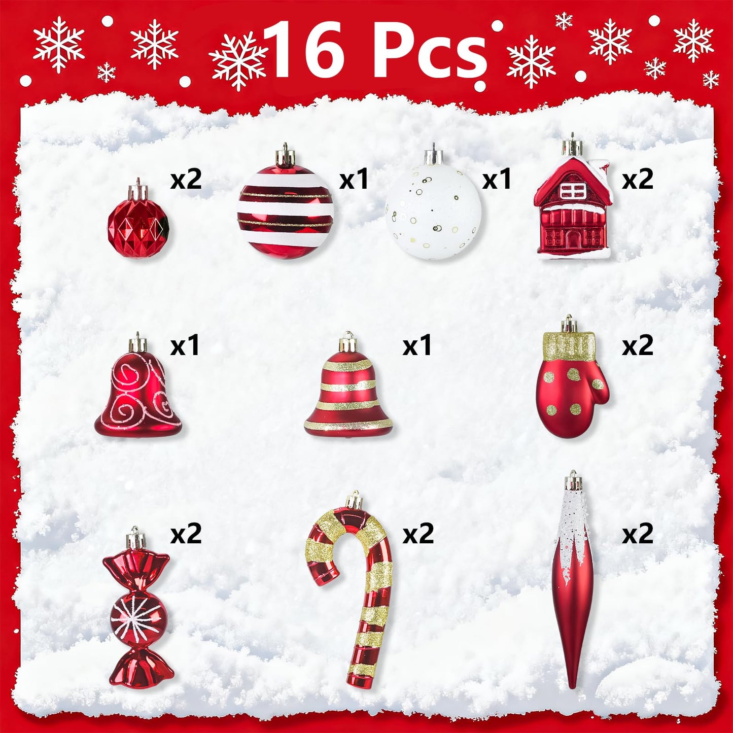 Christmas Ornaments, 16Pcs Red and White Christmas Ornaments Set with Hanging Strings Ideal for Christmas Tree Decorations and Indoor Accents