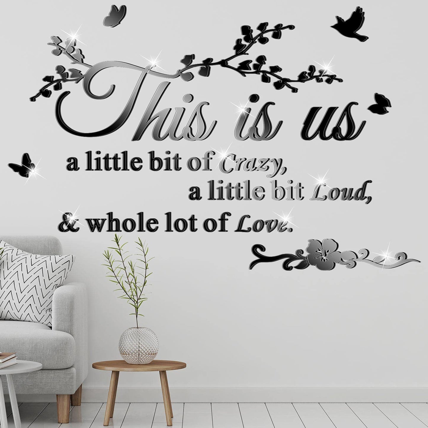Outus Living Room Wall Decor 3D Acrylic Mirror This is Us Wall Letter Stickers Sign Removable Family Tree Inspirational Quote Decal DIY Art Motivational Decor for Living Room Home Decoration Bedroom