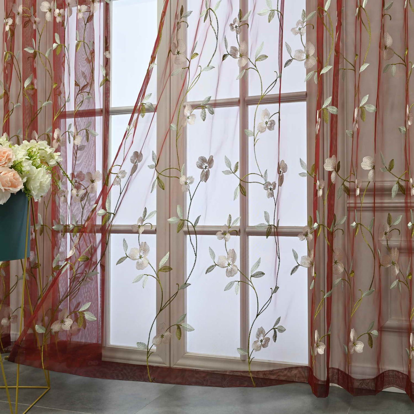 pureaqu Floral Embroidered Sheer Window Curtains for Living Room 84 Inches Length Country Rustic Embroidery Window Voile Tulle for Girls Bedroom/Sliding Glass Door Rod Pocket 1 Panel W52 x L84 Inch
