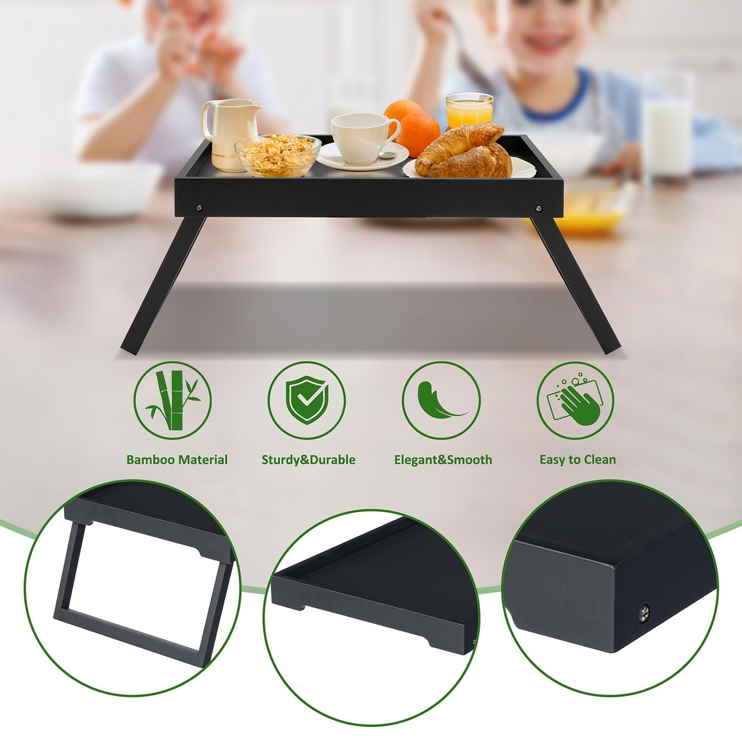 Kaukinye Bamboo Bed Tray Table with Foldable Legs, Breakfast Tray, Laptop Desk for Bed or Sofa,Food,Dinner,Serving,TV Table Kitchen, Eating,Working, Reading(Black)