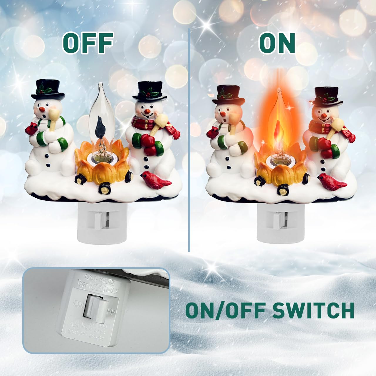 Christmas Decorations，Snowman Campfire Night Light，4 Inch Resin Rotating Plug Christmas Night Light with Flame Flicker Effect, Suitable for Children's Room, Hallway, Living Room, Staircase Decoration