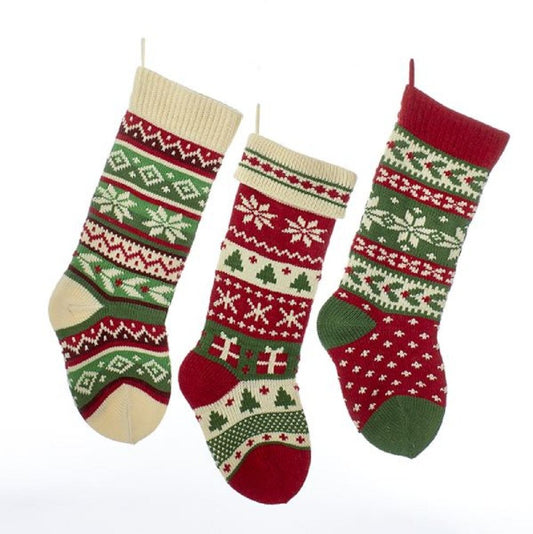 Kurt Adler Heavy Knit Snowflake and Chrismas Tree Stocking - 3 Assorted