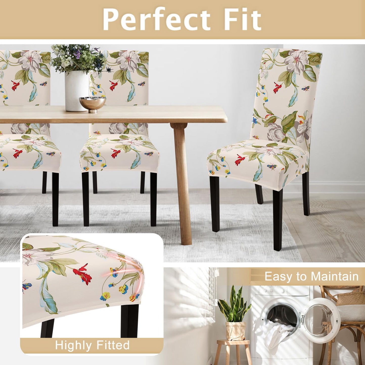 SearchI Chair Covers Slipcovers Set of 4, Spandex Super Fit Stretch Removable Washable Kitchen Parsons Protector for Dining Room,Hotel,Ceremony,Beige+Flowers
