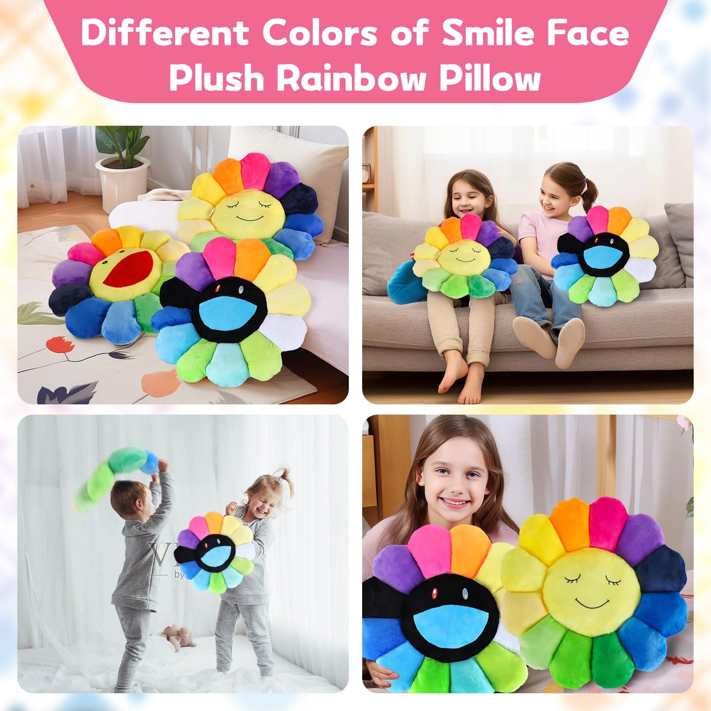 SNEPOO Smile Face Plush Rainbow Pillow, Sunflower Indie Decor Plush Pillow Soft & Comfortable Flower Floor Pillow for Home Reading Bed Room Decoration (40CM, Black and White)