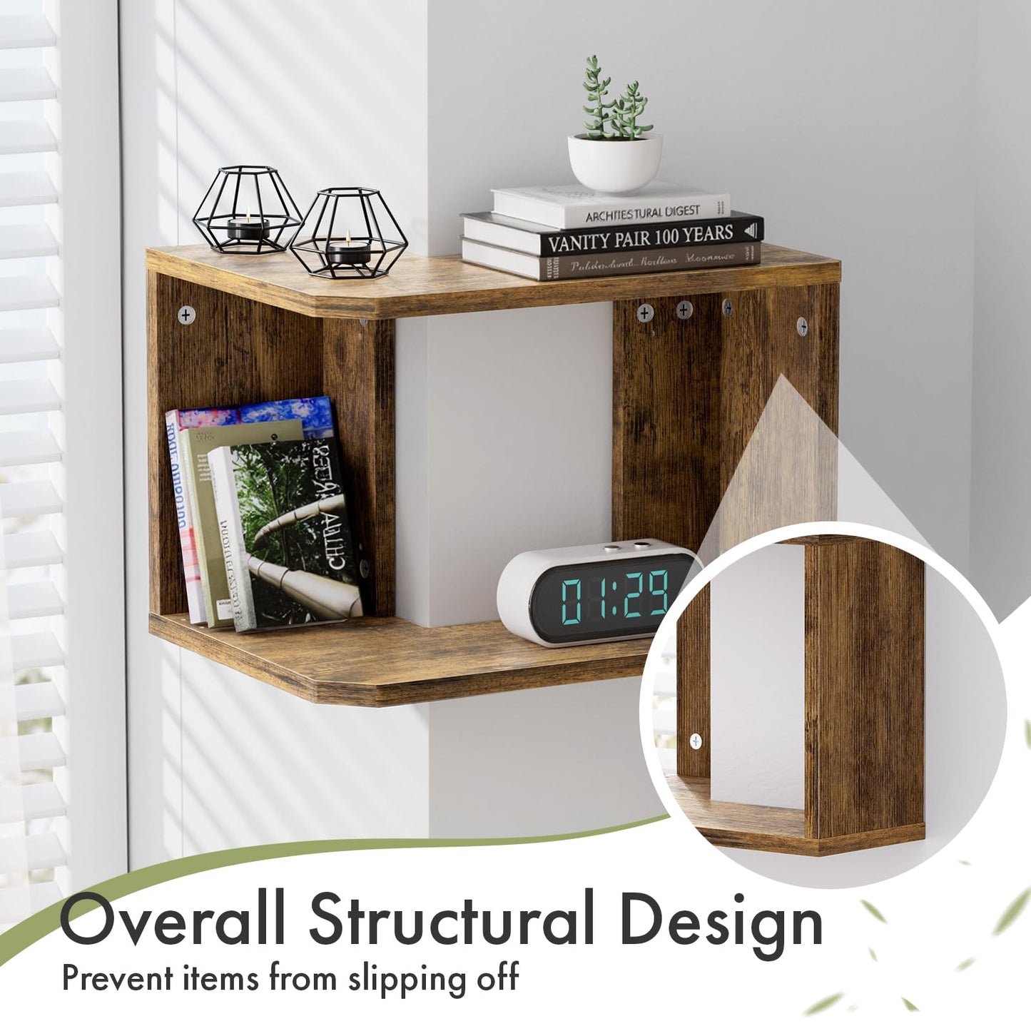 Atoping Floating Corner Shelf, 2-Tier Floating Shelf for Wall, Wood Floating Book Shelf for Living Room, Bedroom, Bathroom, Home Office, Rustic Brown