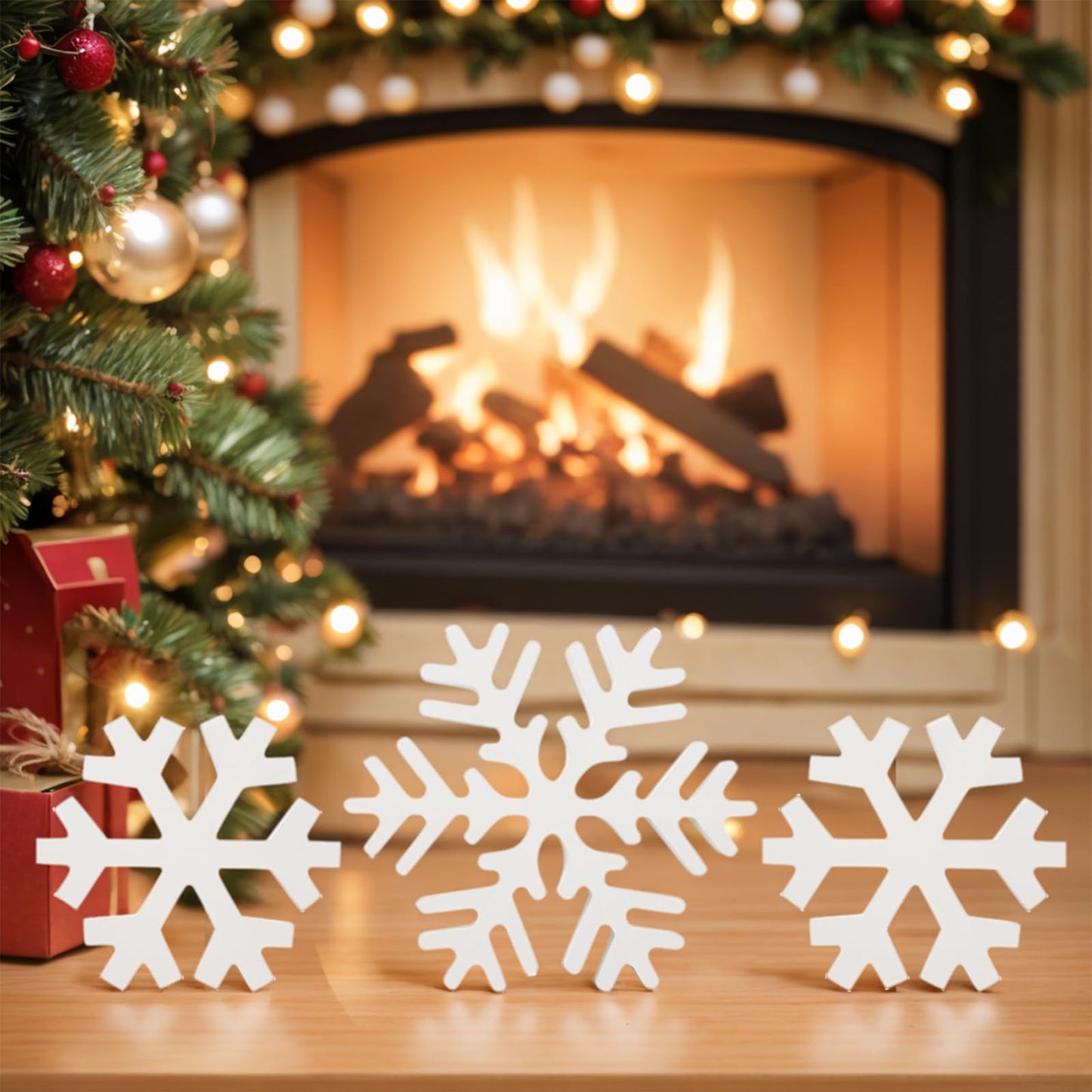 Oeyliz Winter Wooden Snowflake 3 PCS Christmas Wooden Snowflakes Decor Winter Table Decoration Wooden Snowflake Blocks Standing Table Sign Tiered Tray Decoration Xmas Indoor Home Mantle Tabletop Decor
