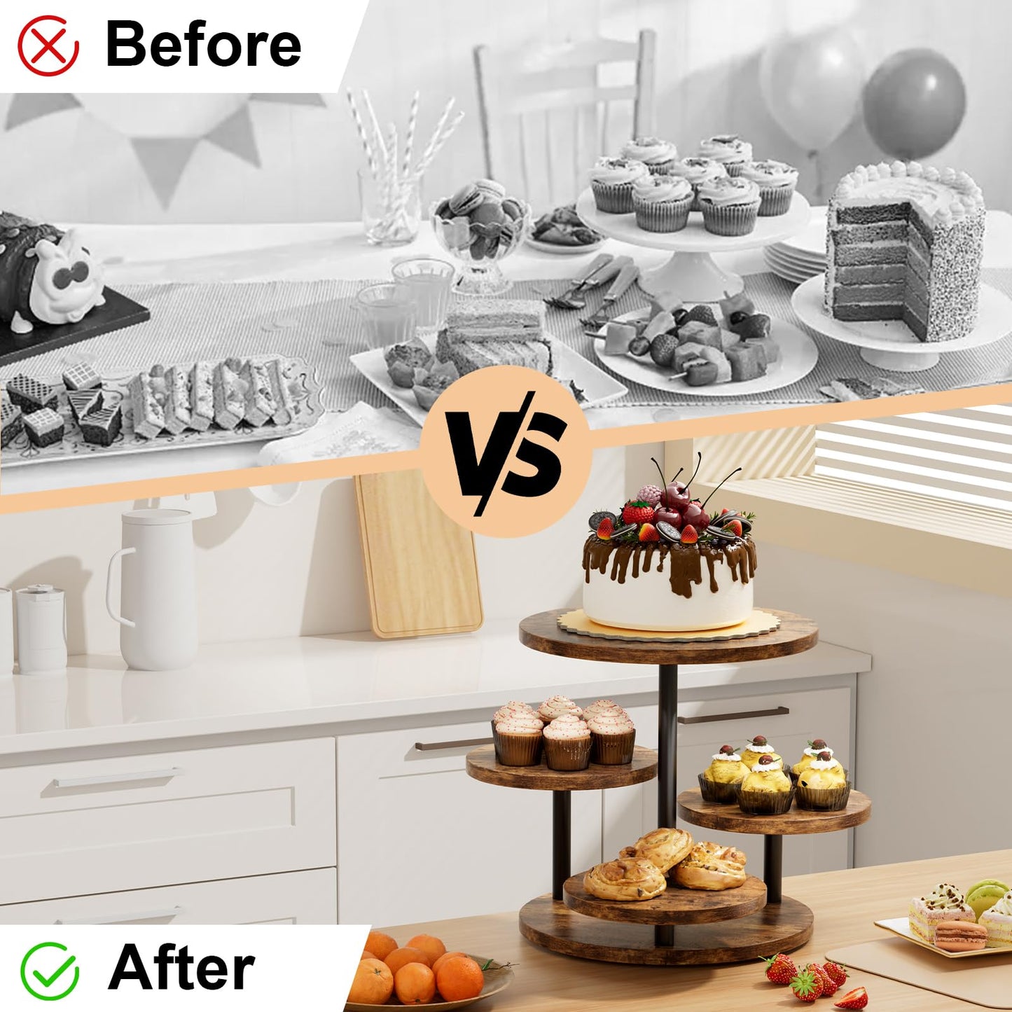 FZGhome Cupcake Stand 4 Tier for 50 Cupcakes Wooden Cake Stand 360°Rotatable Dessert Stands Round Cookie Tiered Tray Stand for Party Birthday Wedding Baby shower Afternoon Tea Dessert Table, Brown