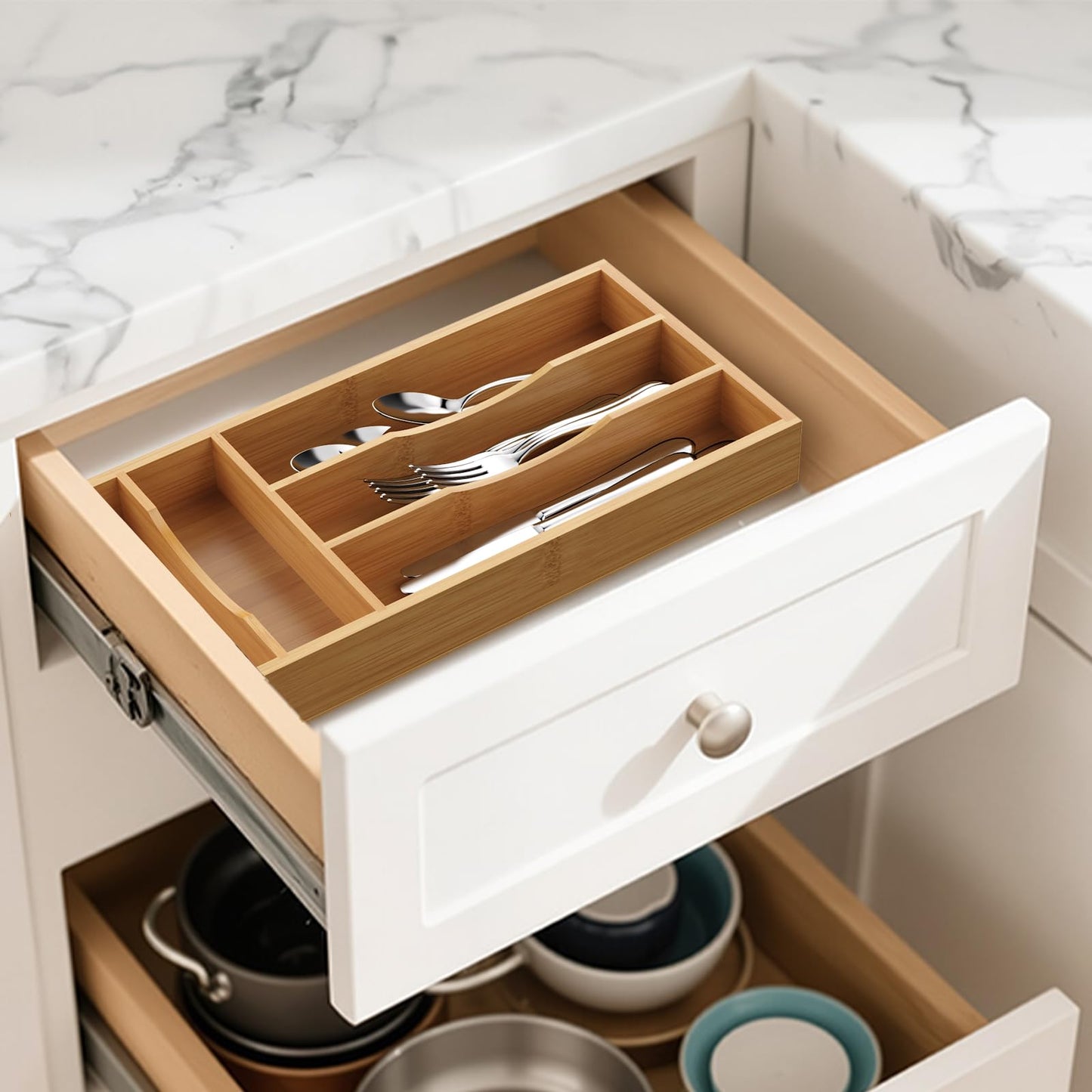 Bayting Small Silverware Organizer, Bamboo Kitchen Drawer Cutlery Organizer, Utensil Holder, Flatware Organizer Tray (14.2"x6.7"x1.6")