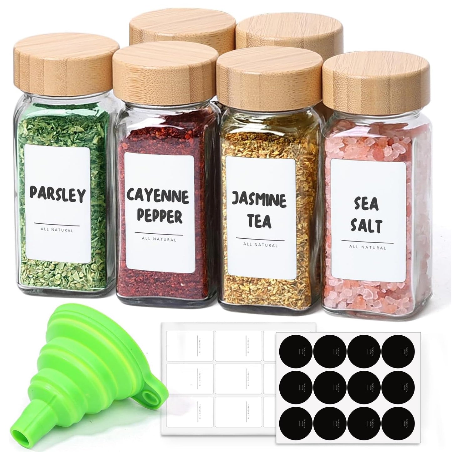 ComSaf 4 oz 6Pcs Glass Spice Jars with Label, Empty Spice Containers with Bamboo Lids, Square Seasoning Containers Trial and Supplement Set, Small Seasoning Bottles for Salt, Herbs, Sugar, Pepper