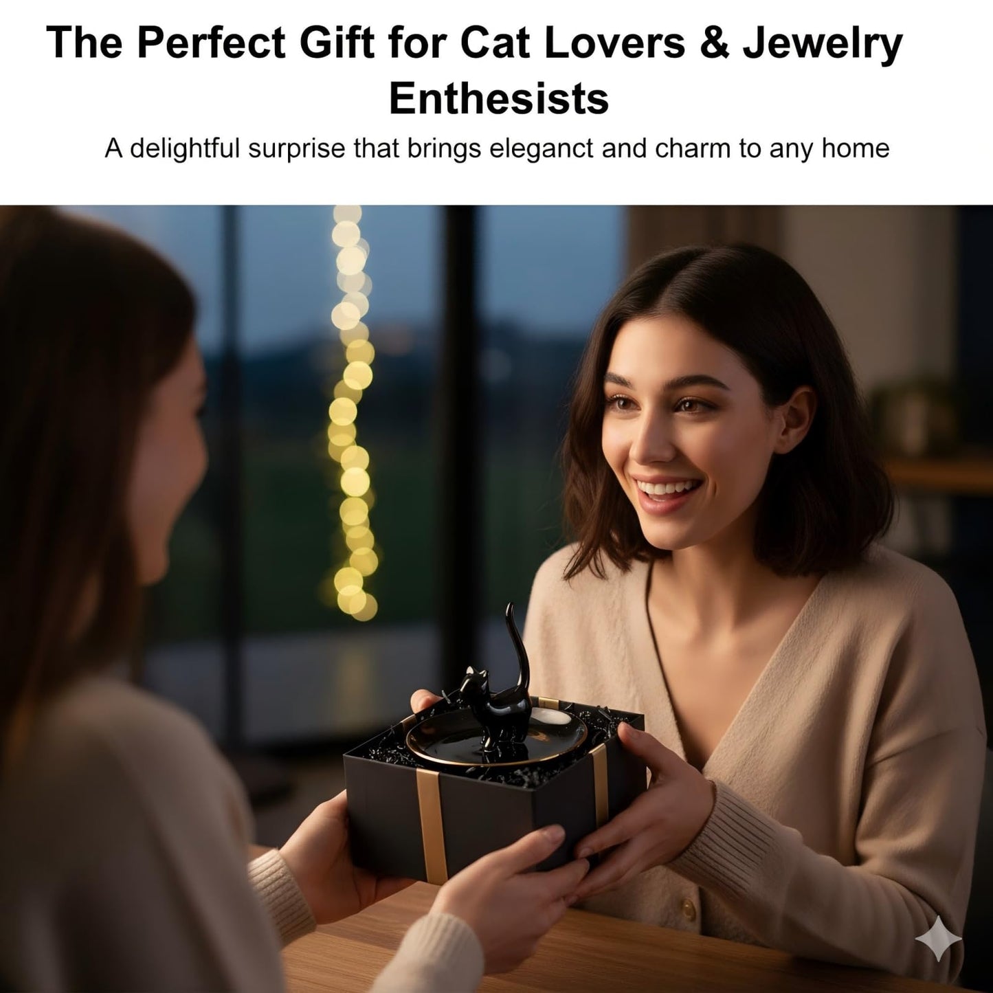 ROSA&ROSE Cat Ring Holder Trinket Tray Ceramic Jewelry Dish Porcelain Ring Organizer–Gift for Women,Girlfriend,Wife,Birthday or Anniversary (Black)