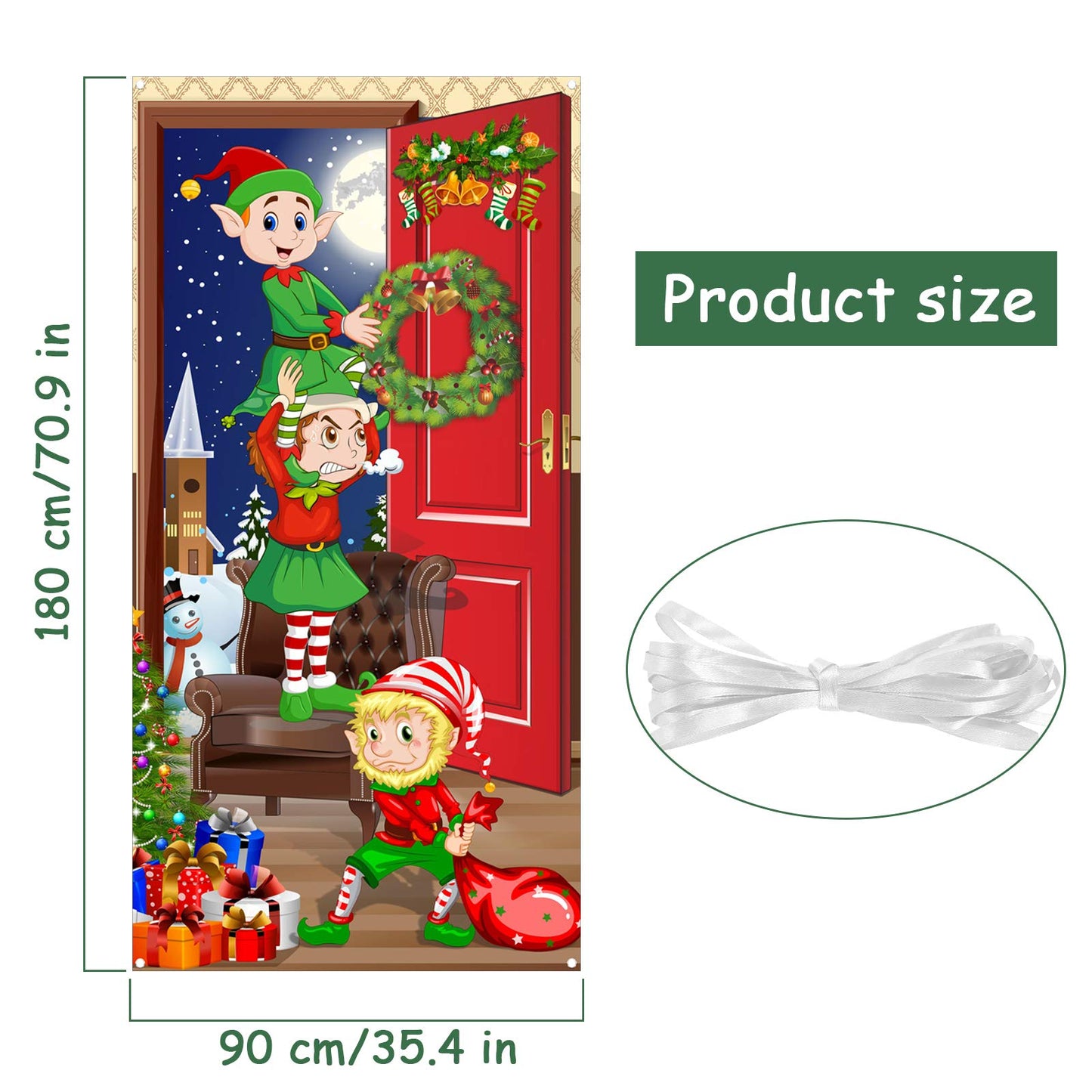 Funny Elves Fabric Door Backdrop - Santa Christmas Photo Booth Backdrop Banner and Door Cover - 70.9 x 35.4 Inch