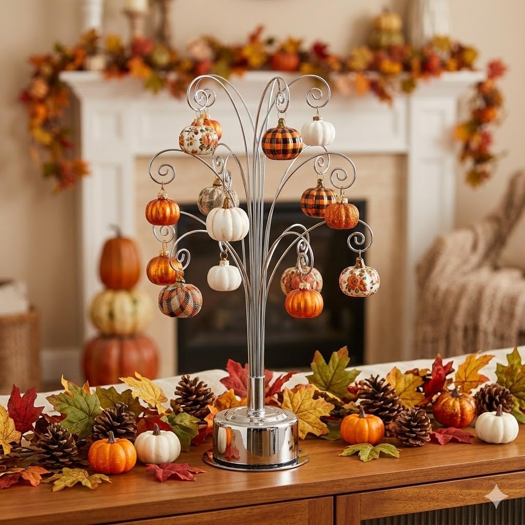 HOHIYA Ornament Display Stand 360° Rotating Christmas Tree Display with 15 Metal Hooks Tabletop Ornament Hanger for Crystal Glass Baubles Elegant Chrome Silver Eater Decor