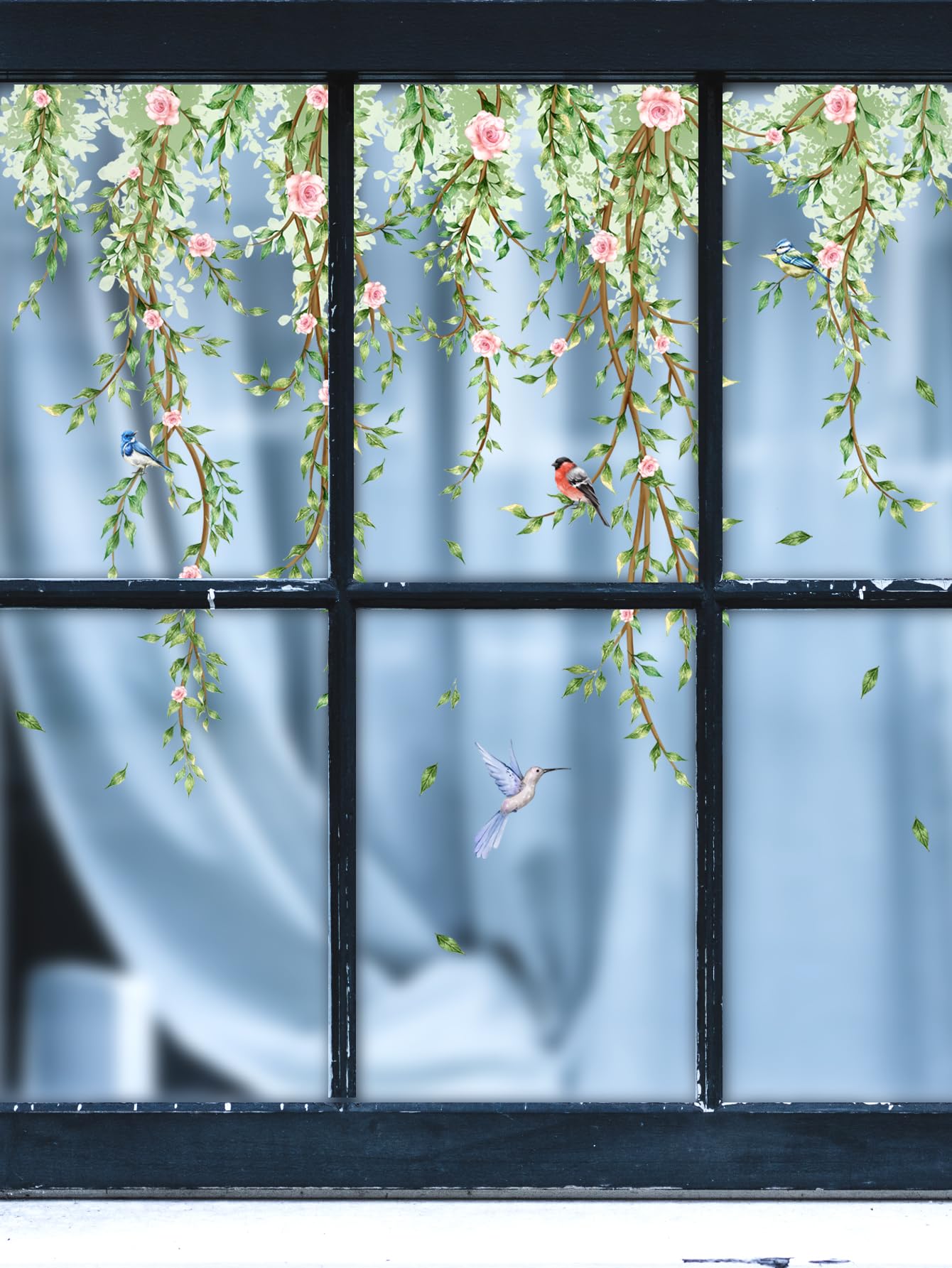 Hanging Vine Wall Stickers - Bird Green Leaves Flowers Decal Peel and Stick Removable Wall Art for Bedroom Living Room Nursery Window Glass Home Decor,30.5 cm x 50.5 cm