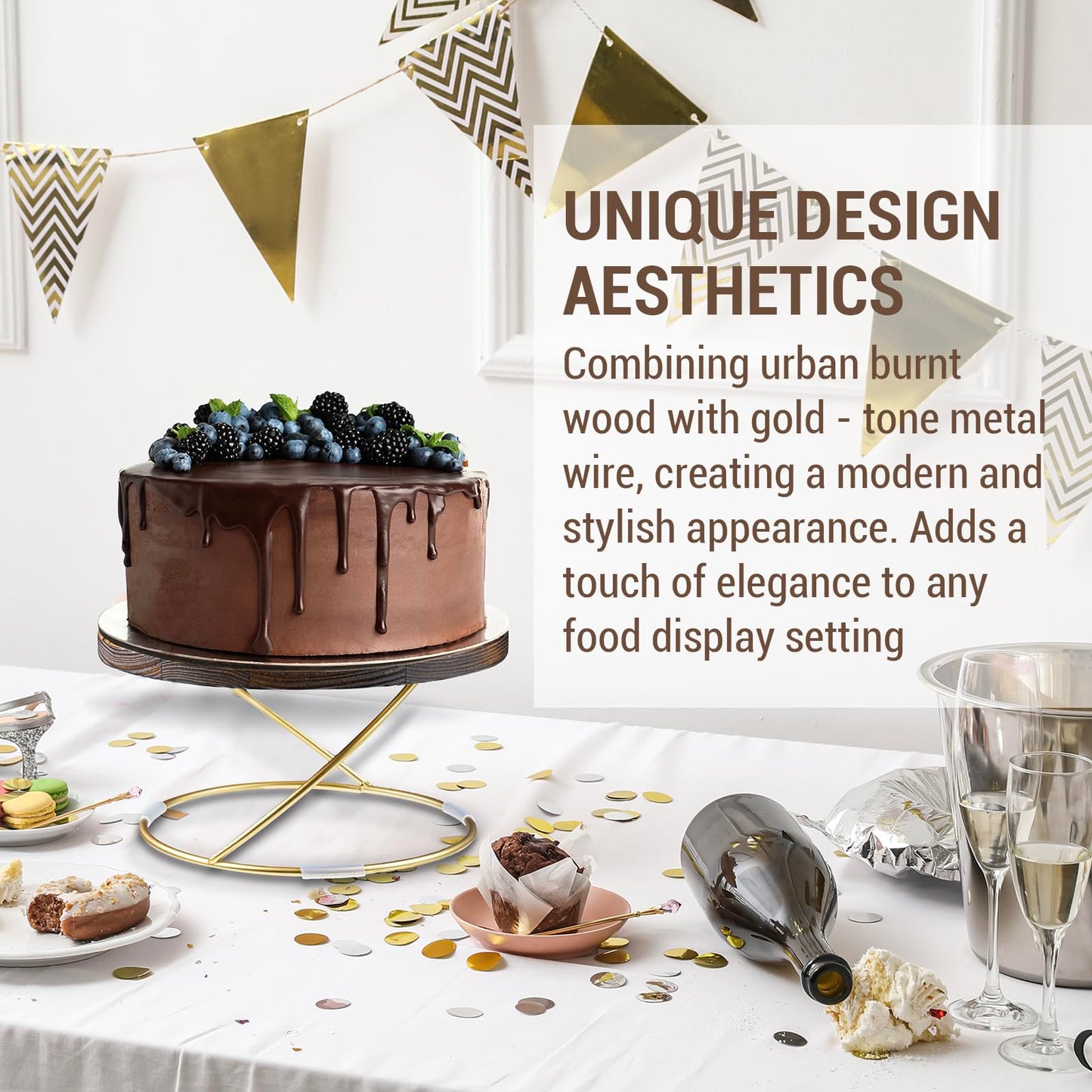 MyGift 11-Inch Round Pizza Pan Pedestal Stand – Rustic Burnt Wood with Gold Tone Metal Wire Base Display Riser, Ideal for Wedding, Party, Dessert, Cake, Cupcake, and Pie Display