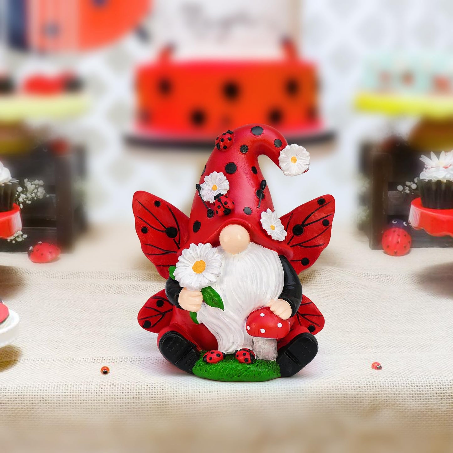 KnomeKo Ladybug Gnome Garden Decor, Fairy Gnome Figurine with Flowers, Spring Summer Outdoor Garden Decorations for Yard Lawn Patio, Garden Gifts for Women