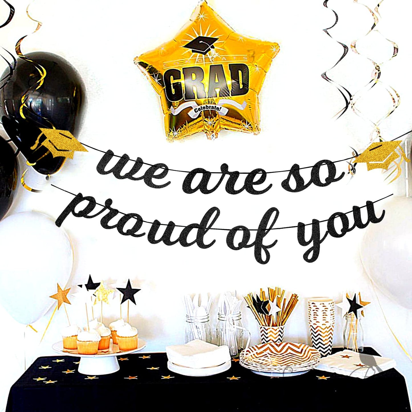 Black White-Gold Party-Decoration Graduation Banner - 8pcs Kits Cap Garland Streamers, Paper Tissue Pom Poms Flowers,We are So Proud of You Grad Graduation 2025 Decor Lasting Surprise