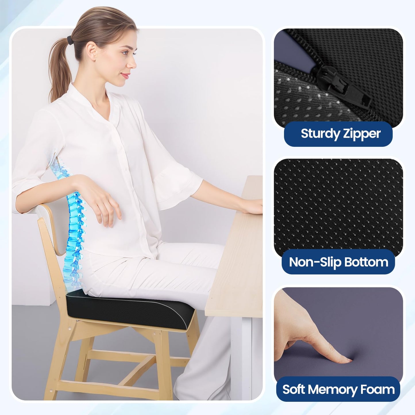 SweetSlubr Seat Cushion for Tailbone Pain Relief, Office Chair Cushion, Memory Foam Large Cushion with Non-Slip Cover for Soft Support at Office Chair, Car Seat, Airplane, Floor Pillow, Black/Large