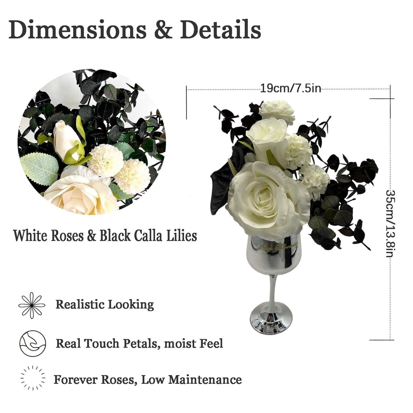 Silver Grace Crystal Flower Vase with Faux White Roses and Black Calla Lilies Elegant Artificial Flower Arrangement Decorative Glass Flowers for Home and Table Decor