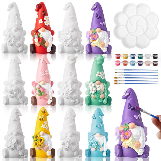Arrowbash 6 Pcs Summer Ceramics to Paint Ready to Paint Your Own Gnome Statues 5.12 Inch Flowers Theme Paintable Figurines for Adults DIY Unpainted Ceramics Art Crafts with Brush Palette