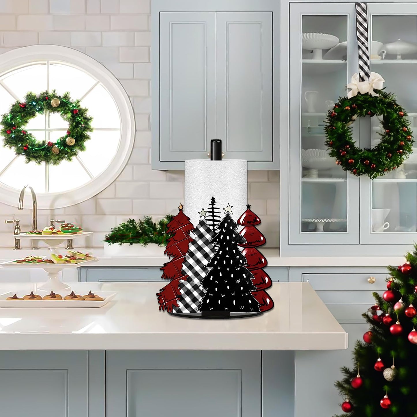 Christmas Paper Towel Holder, Red Truck Christmas Decor, Buffalo Plaid Christmas Tree Towels Paper Holder for Kitchen Countertop Bathroom Home Farmhouse, Winter Holiday Decoration Replaceable 2 Panels