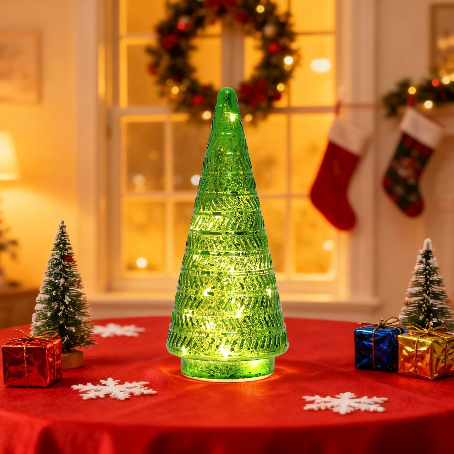JBGIYOSG Christmas Tree Glass Decorative Light: 10.24" Tall, Holiday Tabletop Ornament, Frosted Glass Christmas Home Decor, Xmas Tree Night Light for Indoor Decor Green