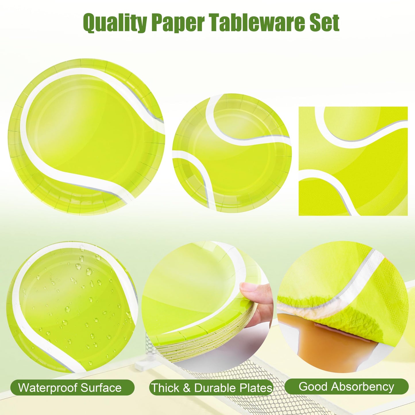 Kochorie 169 Pieces Tennis Party Supplies Disposable Tableware Set Includes Paper Plates Napkins Cups Plastic Tablecloth Knives Forks Spoons for Tennis Sports Theme Birthday Decor, Serve 24