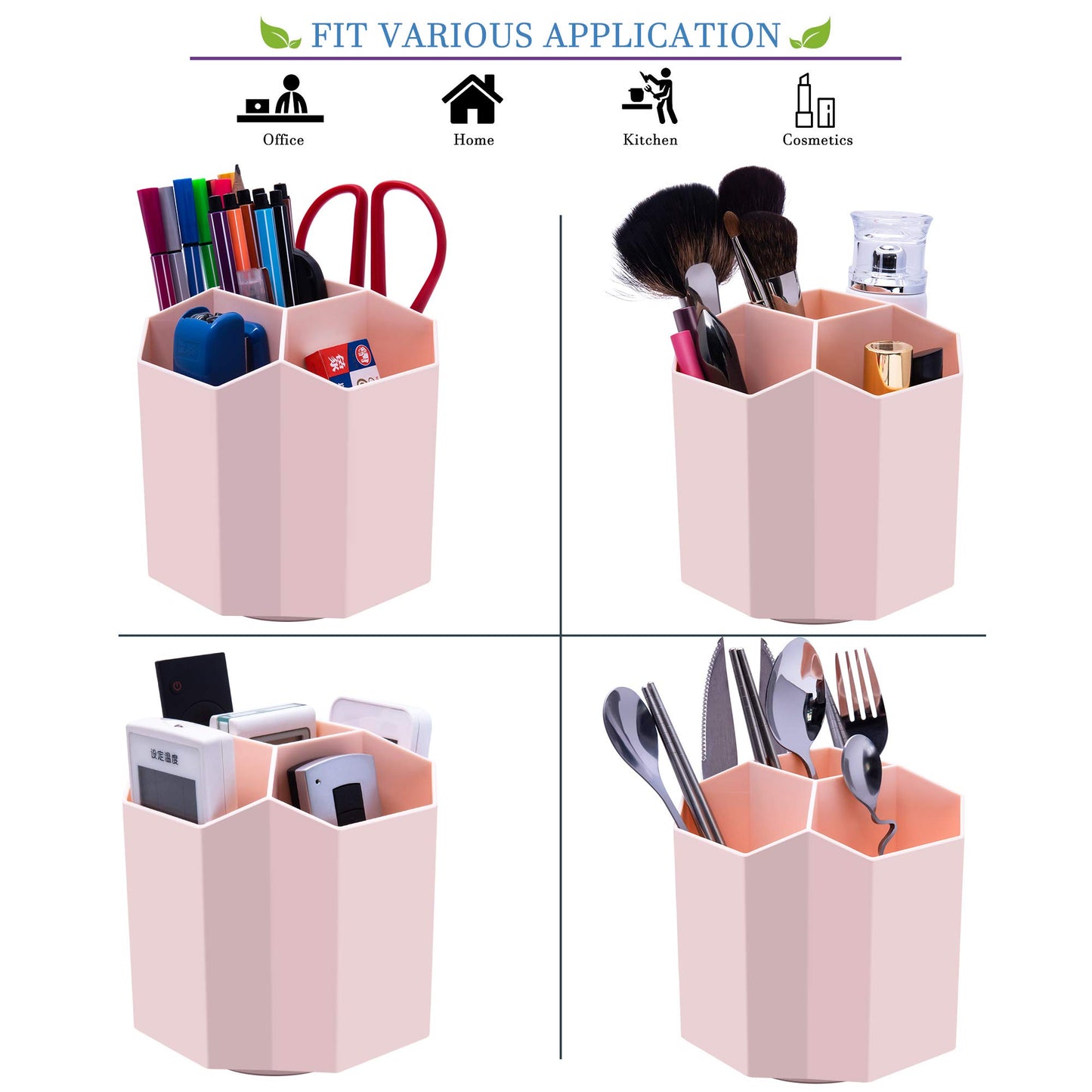 Siveit Desk Pencil Pen Holder, Rotating Pen Organizers 360-Degree 5 Grid Pen Holder for Desktop Storage Stationery Supplies Organizer, Home, Office, School, Kids, Peach Pink